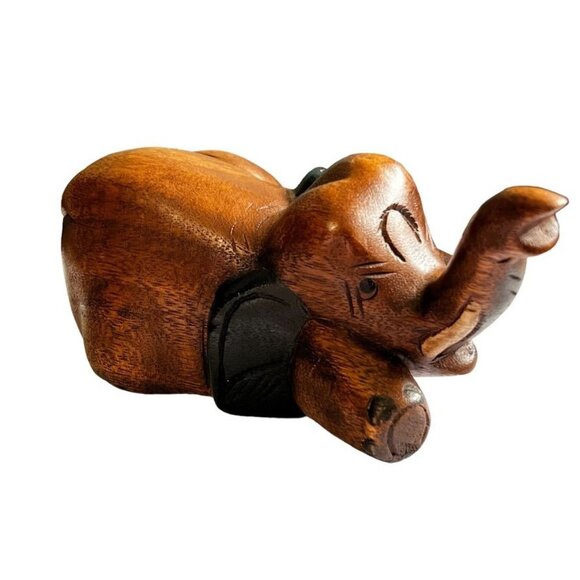 Antique Playful Baby Elephant Hand Carved Solid Wood Two Tone - Picture 1 of 14